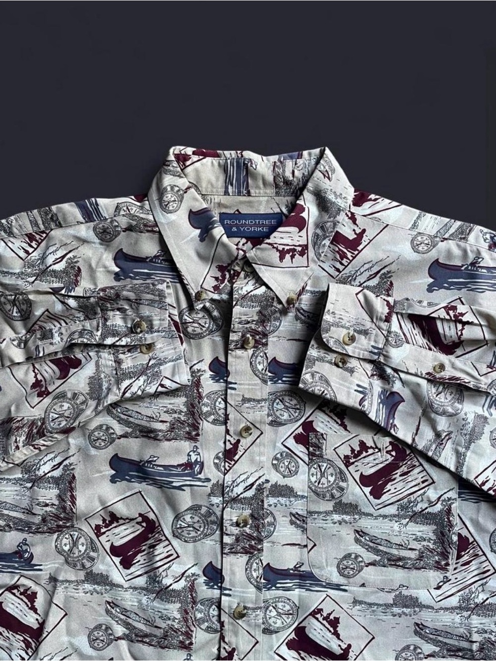 Vintage Fishing Lake AOP Button Up Shirt Men’s Large Roundtree & Yorke Oversized